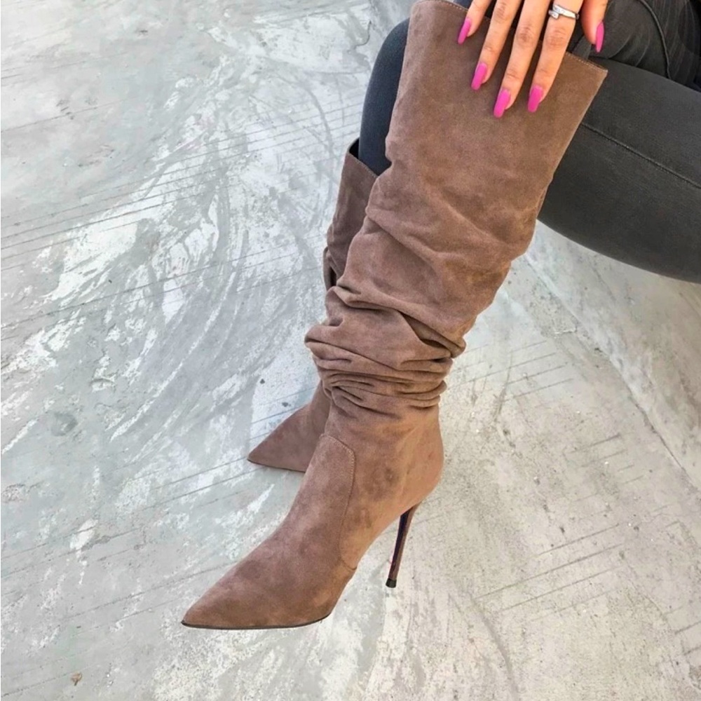 Beige Suede Pleated knee High Boots Pointed Toe Stiletto Heel Size 7.5